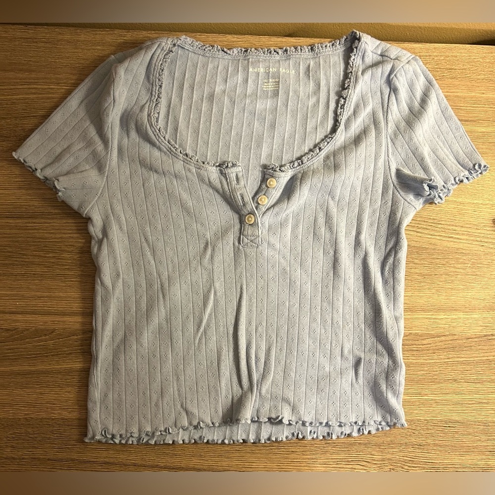 American Eagle Blue Ribbed Henley T-Shirt, Size XS